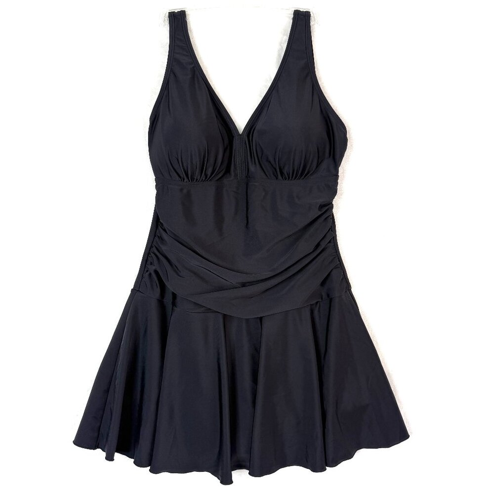 SHEKINI One Piece V Neck Ruched Retro Swimdress Lined Swimsuit Womens S Black